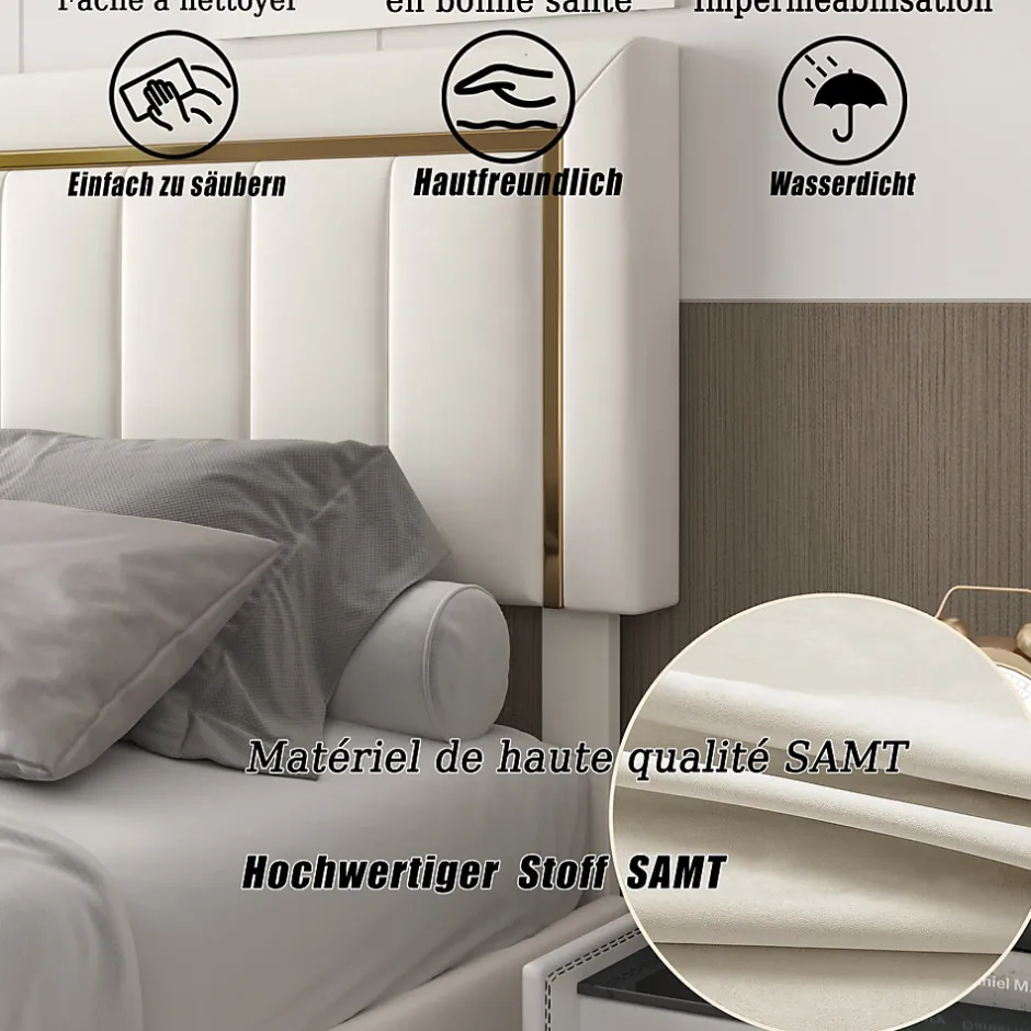 ProximaX Lit double 160x200 cm en velours avec bordure dorée, tête de lit capitonnée, lit coffre avec espace de rangement, Beige