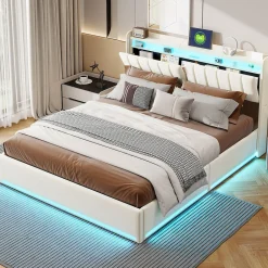 ProximaX Lit double 140x200 cm en velours beige avec éclairage LED RGB, ports USB & Type-C, tête de lit avec rangement