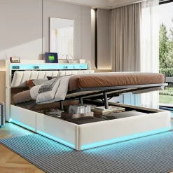 ProximaX Lit double 140x200 cm en velours beige avec éclairage LED RGB, ports USB & Type-C, tête de lit avec rangement
