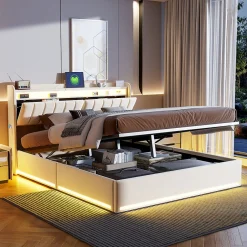 ProximaX Lit double 140x200 cm en velours beige avec éclairage LED RGB, ports USB & Type-C, tête de lit avec rangement