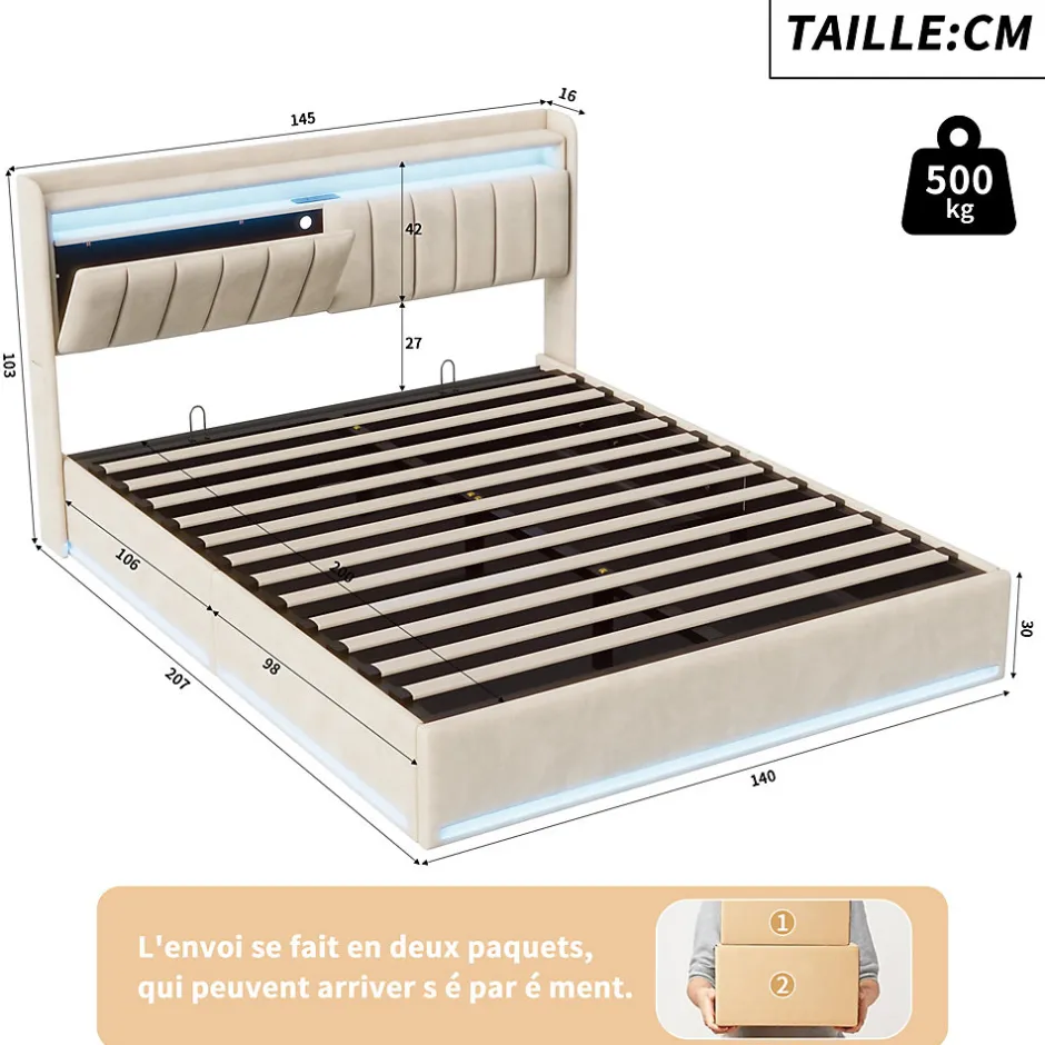 ProximaX Lit double 140x200 cm en velours beige avec éclairage LED RGB, ports USB & Type-C, tête de lit avec rangement
