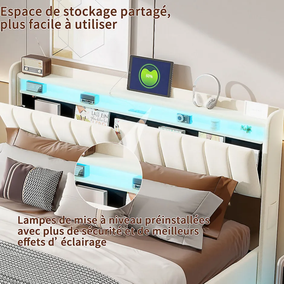 ProximaX Lit double 140x200 cm en velours beige avec éclairage LED RGB, ports USB & Type-C, tête de lit avec rangement
