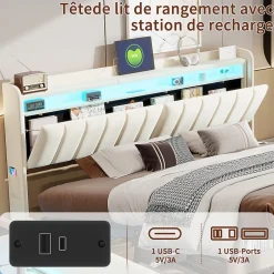 ProximaX Lit double 140x200 cm en velours beige avec éclairage LED RGB, ports USB & Type-C, tête de lit avec rangement