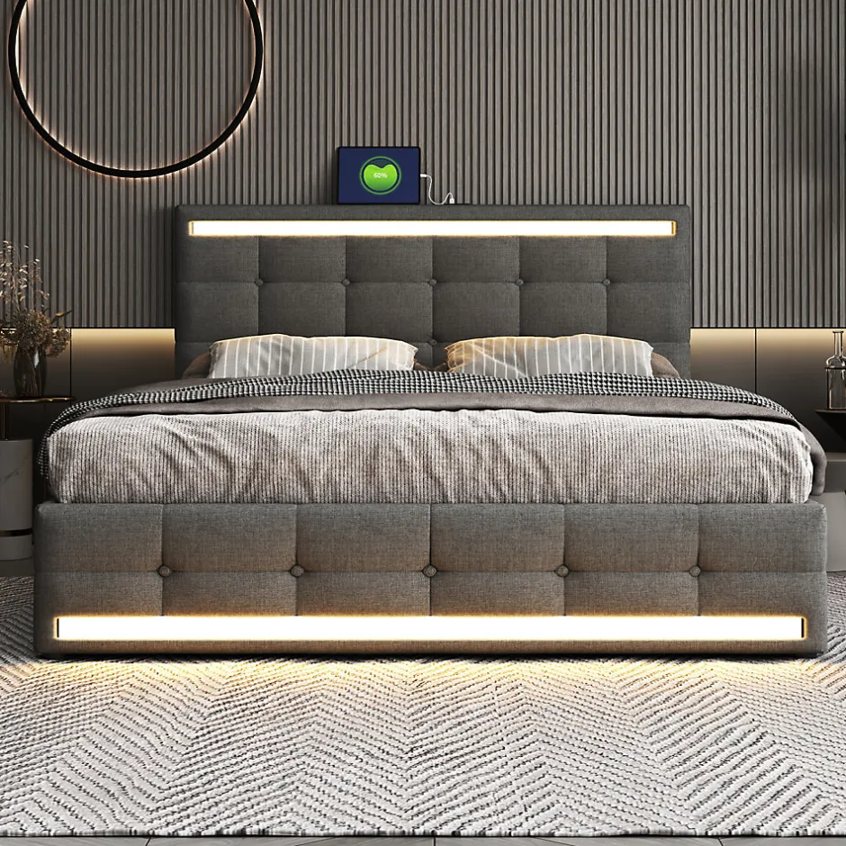 Simple Life Lit double 140x200 cm, LED, 4 tiroirs, tête de lit avec USB, tissu lin gris