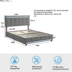 Simple Life Lit double 140x200 cm, LED, 4 tiroirs, tête de lit avec USB, tissu lin gris