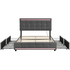Simple Life Lit double 140x200 cm, LED, 4 tiroirs, tête de lit avec USB, tissu lin gris