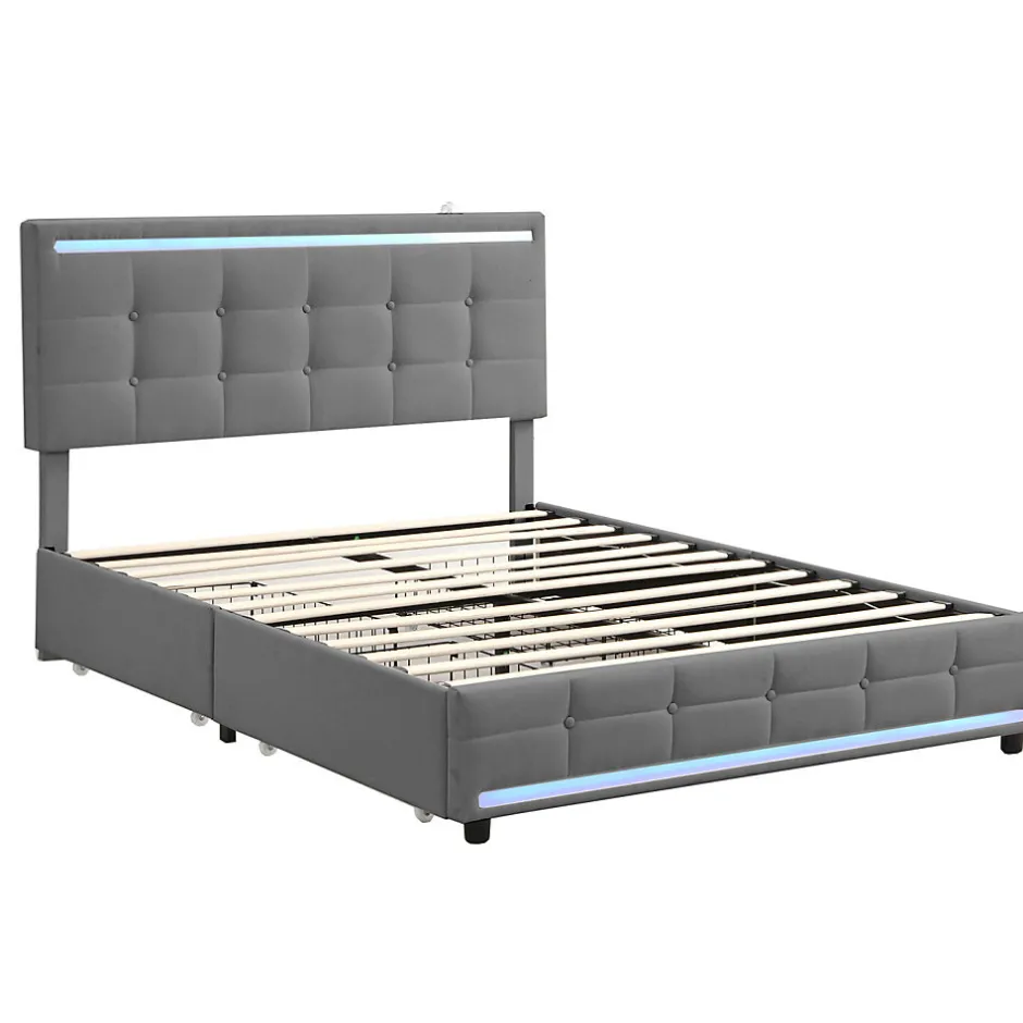 Simple Life Lit double 140x200 cm, LED, 4 tiroirs, tête de lit avec USB, tissu lin gris