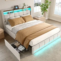 ProximaX Lit double 160x200 cm lin beige avec LED, 4 tiroirs métal, rangement tête de lit et ports USB/Type-C - Moderne et fonctionnel Outlet