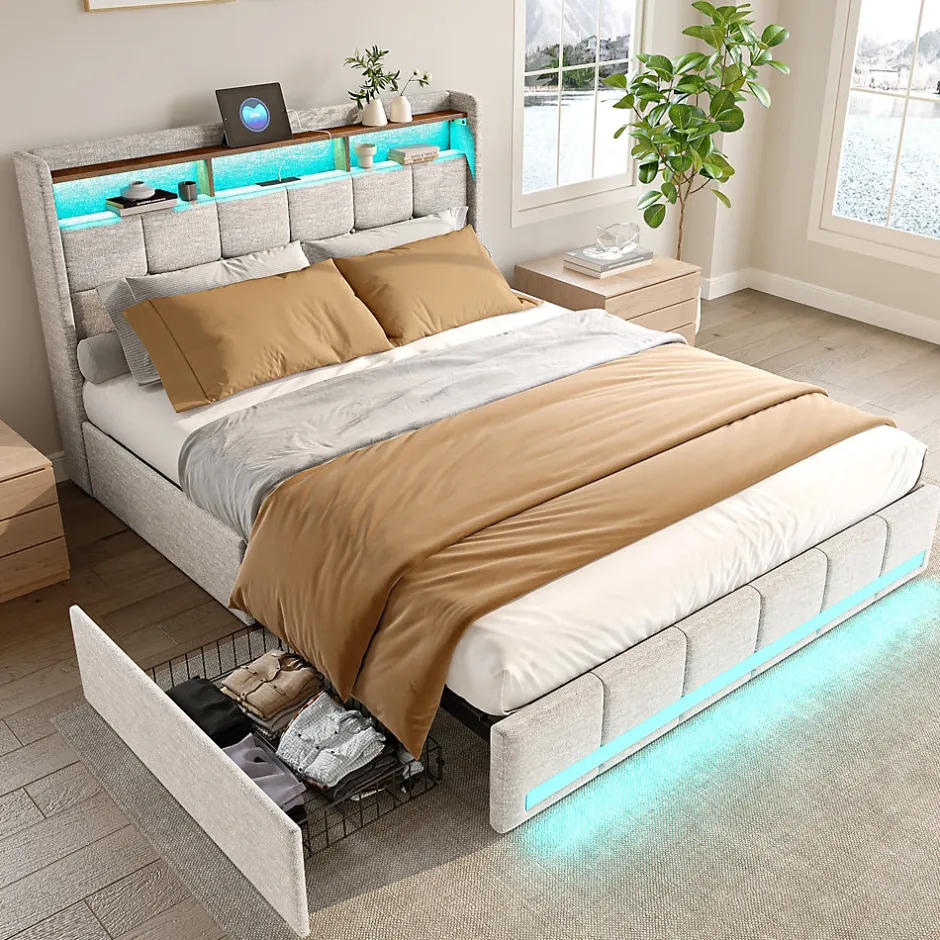 ProximaX Lit double 160x200 cm lin beige avec LED, 4 tiroirs métal, rangement tête de lit et ports USB/Type-C - Moderne et fonctionnel Outlet