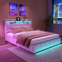 ProximaX Lit double 160x200 cm lin beige avec LED, 4 tiroirs métal, rangement tête de lit et ports USB/Type-C - Moderne et fonctionnel Outlet