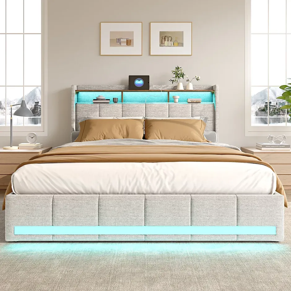 ProximaX Lit double 160x200 cm lin beige avec LED, 4 tiroirs métal, rangement tête de lit et ports USB/Type-C - Moderne et fonctionnel Outlet