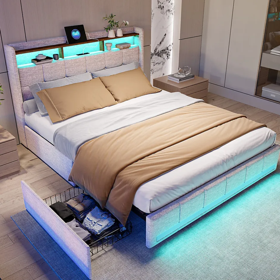 ProximaX Lit double 160x200 cm lin beige avec LED, 4 tiroirs métal, rangement tête de lit et ports USB/Type-C - Moderne et fonctionnel Outlet