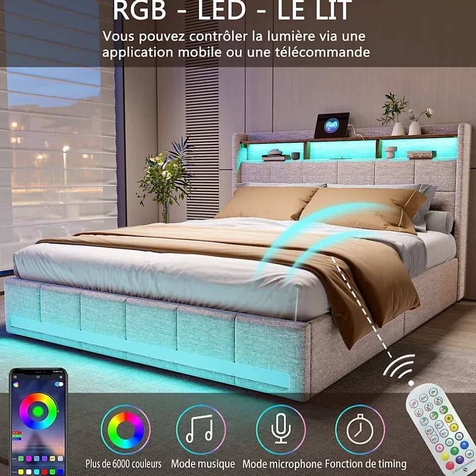 ProximaX Lit double 160x200 cm lin beige avec LED, 4 tiroirs métal, rangement tête de lit et ports USB/Type-C - Moderne et fonctionnel Outlet