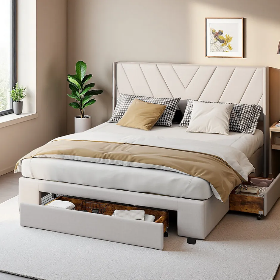 ProximaX Lit double 160x200 cm lin beige avec 3 tiroirs, cadre rembourré, Tissu doux, confortable et facile à entretenir