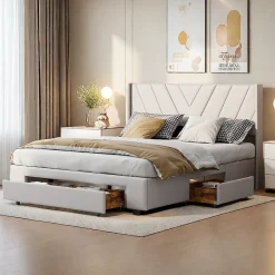 ProximaX Lit double 160x200 cm lin beige avec 3 tiroirs, cadre rembourré, Tissu doux, confortable et facile à entretenir