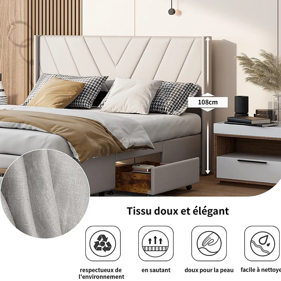 ProximaX Lit double 160x200 cm lin beige avec 3 tiroirs, cadre rembourré, Tissu doux, confortable et facile à entretenir