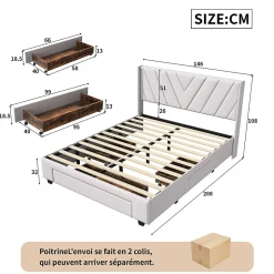 ProximaX Lit double 160x200 cm lin beige avec 3 tiroirs, cadre rembourré, Tissu doux, confortable et facile à entretenir