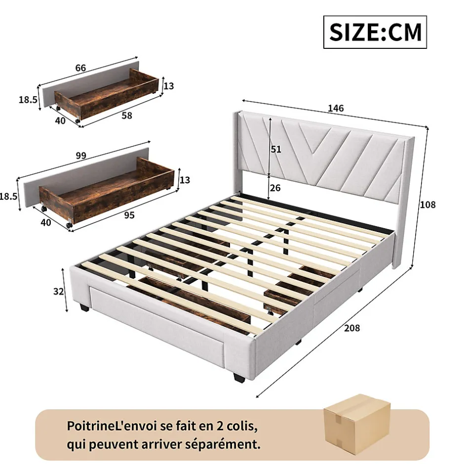 ProximaX Lit double 160x200 cm lin beige avec 3 tiroirs, cadre rembourré, Tissu doux, confortable et facile à entretenir
