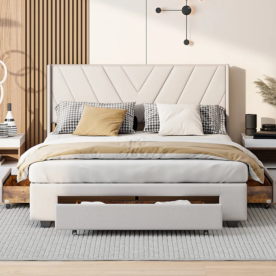 ProximaX Lit double 160x200 cm lin beige avec 3 tiroirs, cadre rembourré, Tissu doux, confortable et facile à entretenir