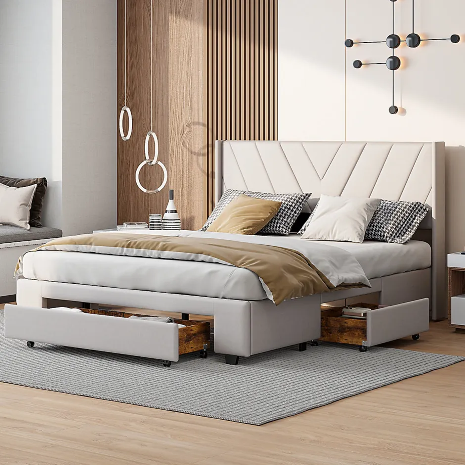 ProximaX Lit double 160x200 cm lin beige avec 3 tiroirs, cadre rembourré, Tissu doux, confortable et facile à entretenir