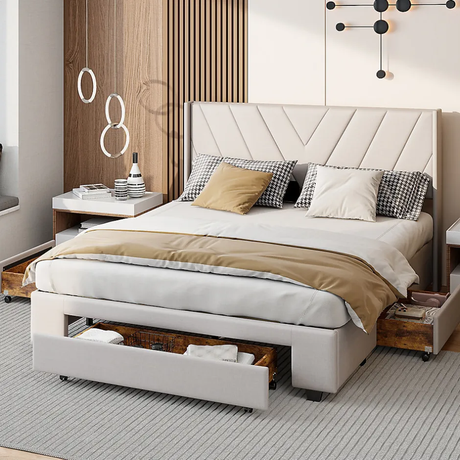 ProximaX Lit double 160x200 cm lin beige avec 3 tiroirs, cadre rembourré, Tissu doux, confortable et facile à entretenir