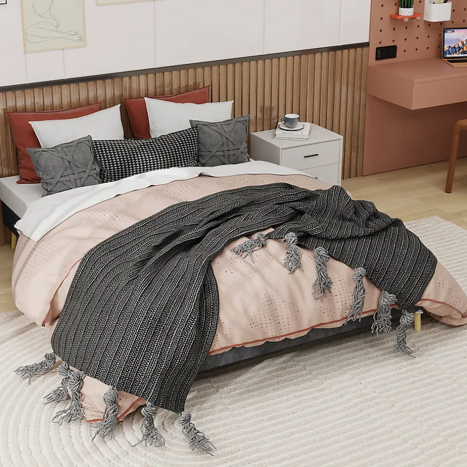 Okwish Lit Double 160x200 cm, Lit Adulte et Ado avec Cadre Bas Minimaliste, Design Stable en Velours Hollandais Gris, Sans Matelas
