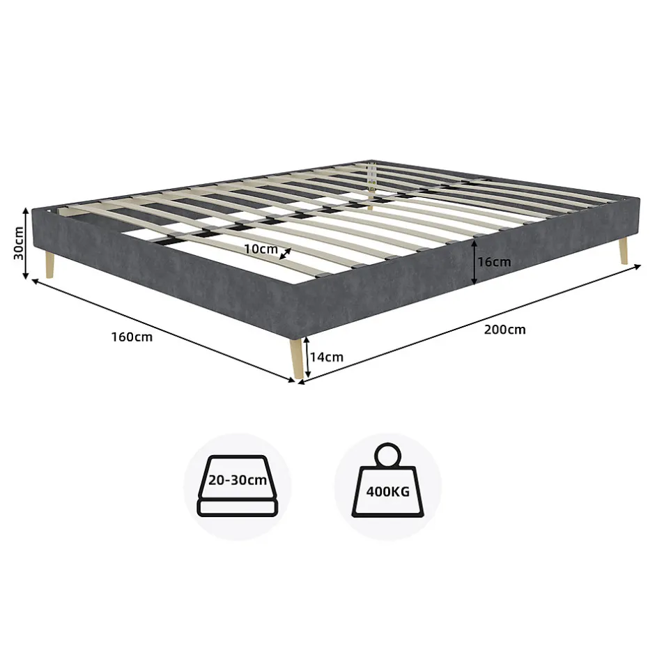 Okwish Lit Double 160x200 cm, Lit Adulte et Ado avec Cadre Bas Minimaliste, Design Stable en Velours Hollandais Gris, Sans Matelas