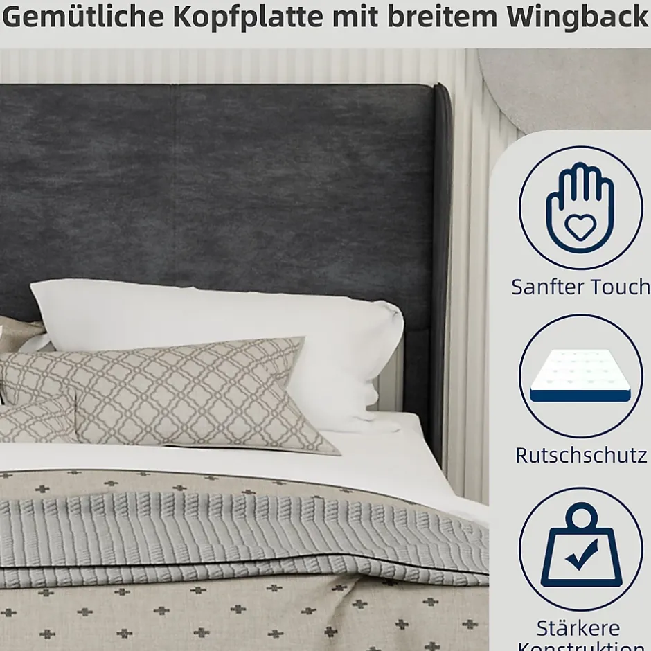 Okwish Lit Double 160x200 cm, Lit Adulte avec Tête de Lit Douce et Cadre Bas, Velours et Métal, Gris, sans Matelas