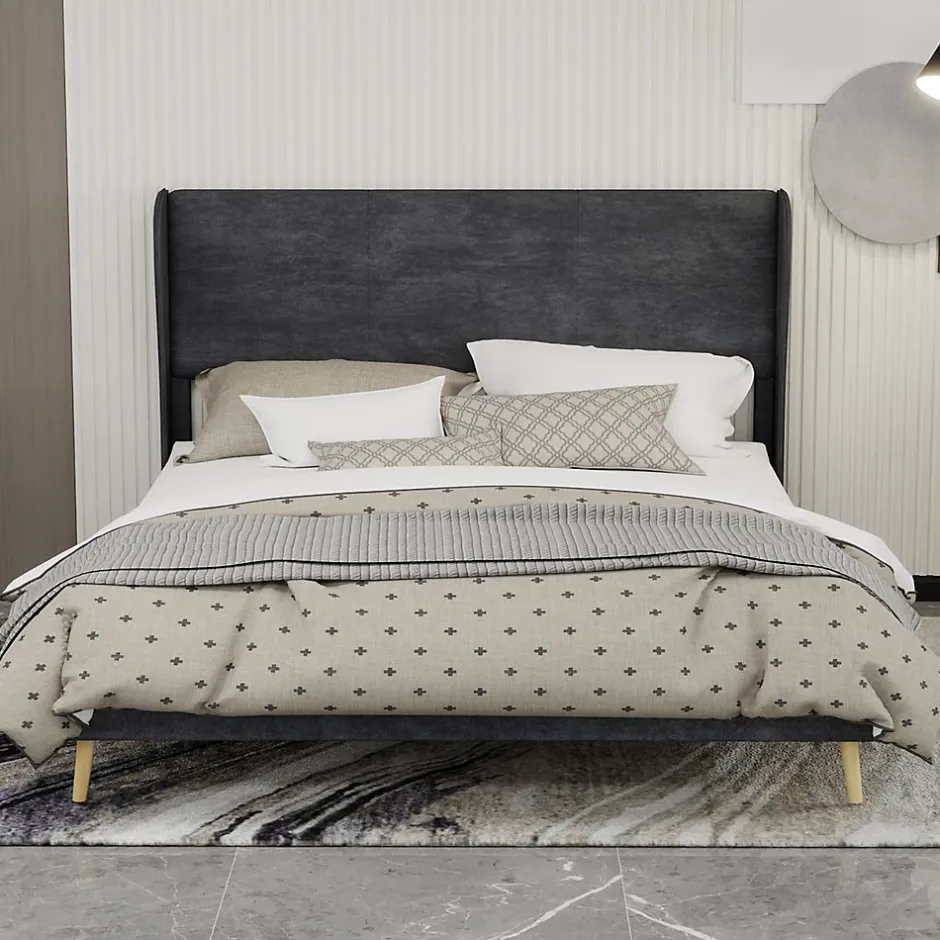 Okwish Lit Double 160x200 cm, Lit Adulte avec Tête de Lit Douce et Cadre Bas, Velours et Métal, Gris, sans Matelas