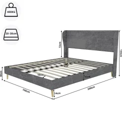 Okwish Lit Double 160x200 cm, Lit Adulte avec Tête de Lit Douce et Cadre Bas, Velours et Métal, Gris, sans Matelas