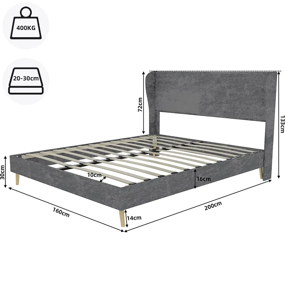 Okwish Lit Double 160x200 cm, Lit Adulte avec Tête de Lit Douce et Cadre Bas, Velours et Métal, Gris, sans Matelas
