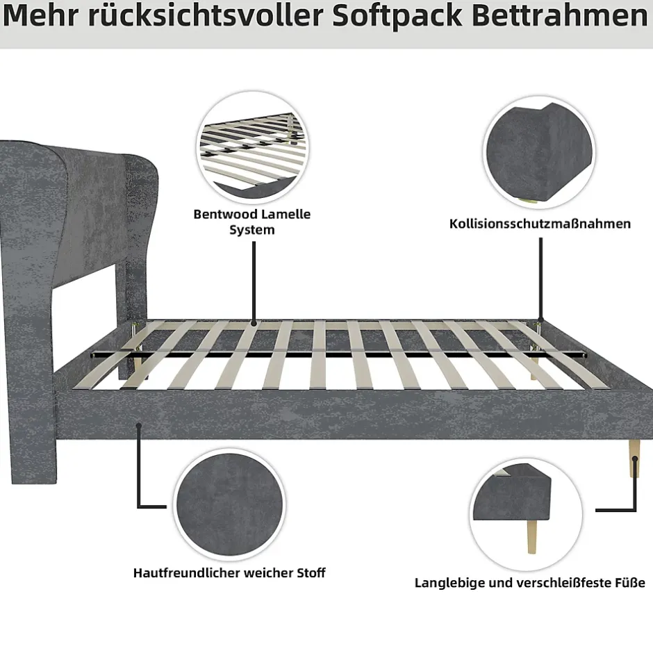 Okwish Lit Double 160x200 cm, Lit Adulte avec Tête de Lit Douce et Cadre Bas, Velours et Métal, Gris, sans Matelas