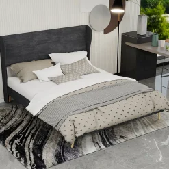 Okwish Lit Double 160x200 cm, Lit Adulte avec Tête de Lit Douce et Cadre Bas, Velours et Métal, Gris, sans Matelas