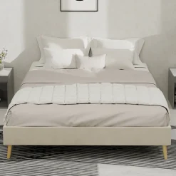 Okwish Lit Double 140x200 cm, Lit Adulte et Ado avec Cadre Bas Minimaliste, Design Stable en Velours Néerlandais Beige, Sans Matelas