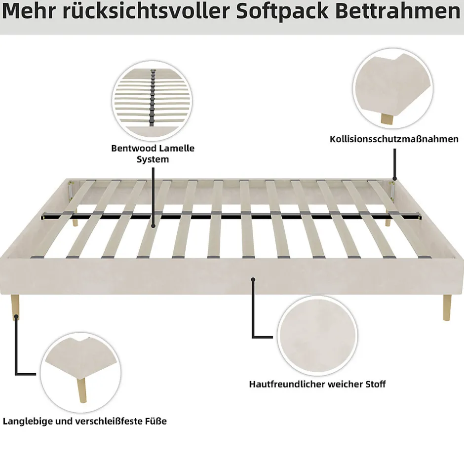 Okwish Lit Double 140x200 cm, Lit Adulte et Ado avec Cadre Bas Minimaliste, Design Stable en Velours Néerlandais Beige, Sans Matelas