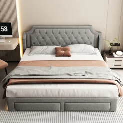 Okwish Lit Double 180x200 cm, Lit Capitonné avec LED et 2 Tiroirs, Structure en Tissu Lin et Métal, Gris - Sans Matelas