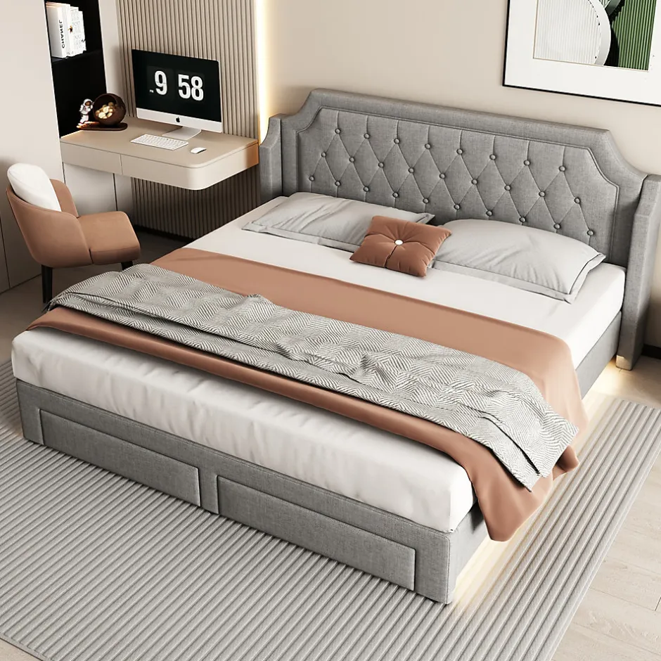 Okwish Lit Double 180x200 cm, Lit Capitonné avec LED et 2 Tiroirs, Structure en Tissu Lin et Métal, Gris - Sans Matelas