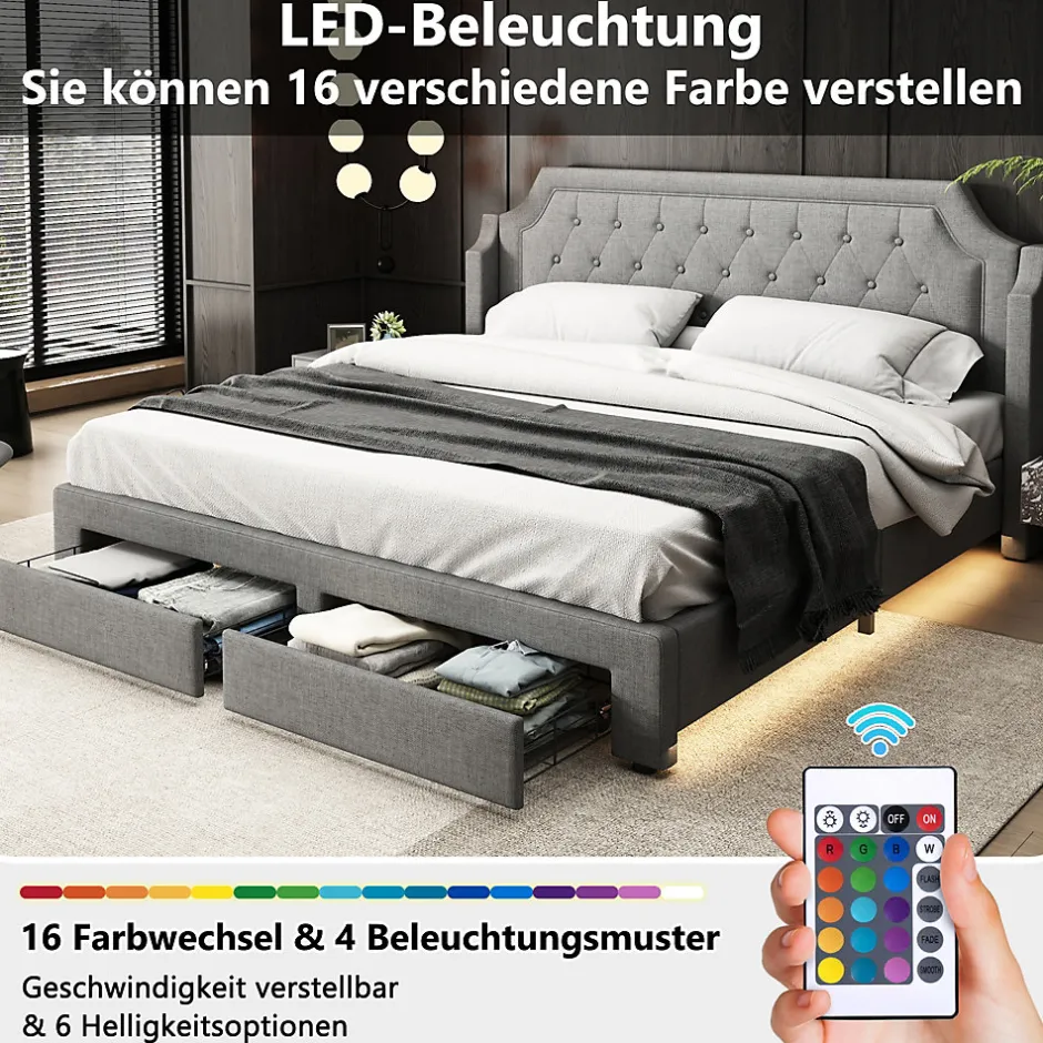 Okwish Lit Double 180x200 cm, Lit Capitonné avec LED et 2 Tiroirs, Structure en Tissu Lin et Métal, Gris - Sans Matelas