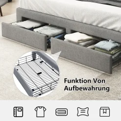 Okwish Lit Double 180x200 cm, Lit Capitonné avec LED et 2 Tiroirs, Structure en Tissu Lin et Métal, Gris - Sans Matelas