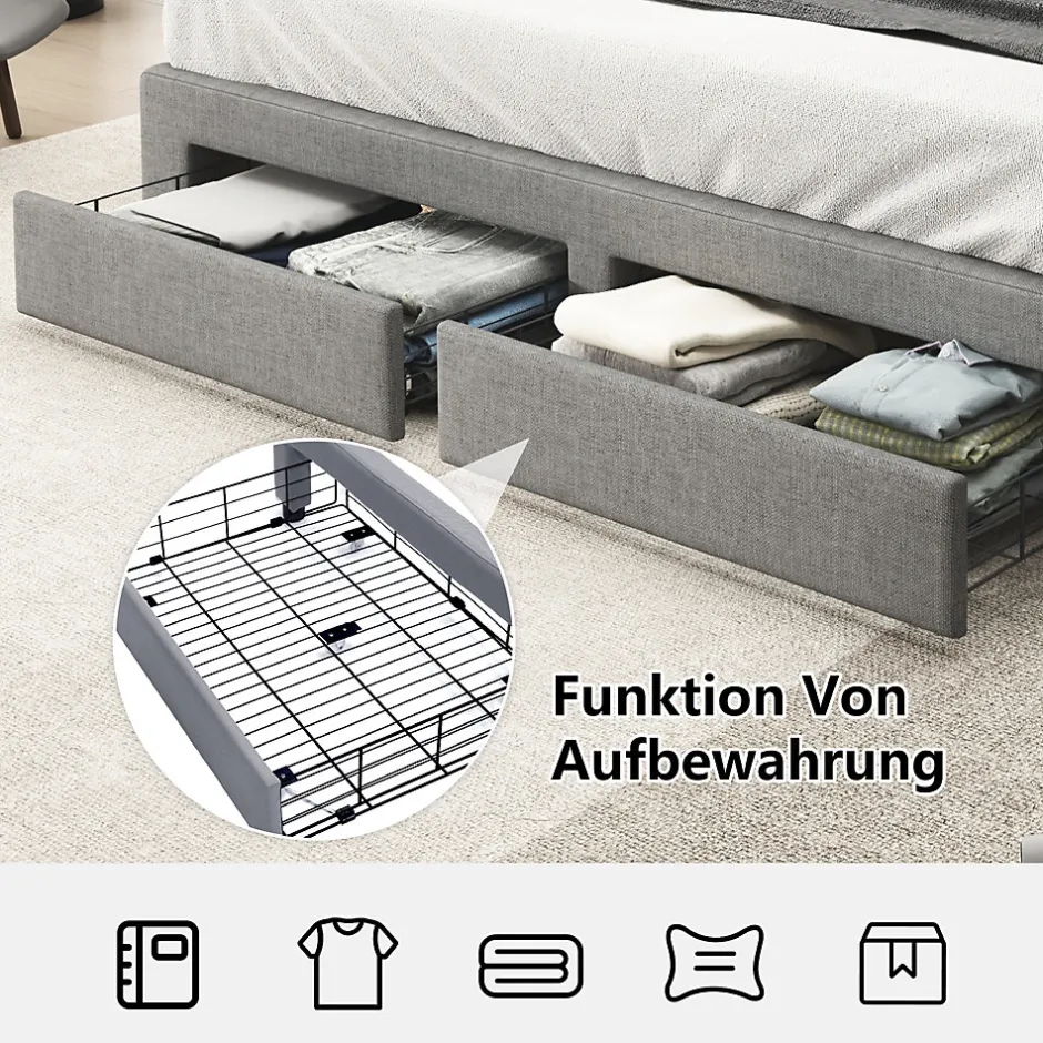 Okwish Lit Double 180x200 cm, Lit Capitonné avec LED et 2 Tiroirs, Structure en Tissu Lin et Métal, Gris - Sans Matelas