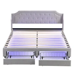 Okwish Lit Double 180x200 cm, Lit Capitonné avec LED et 2 Tiroirs, Structure en Tissu Lin et Métal, Gris - Sans Matelas