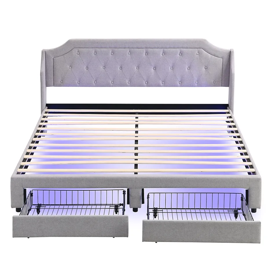 Okwish Lit Double 180x200 cm, Lit Capitonné avec LED et 2 Tiroirs, Structure en Tissu Lin et Métal, Gris - Sans Matelas