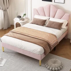Okwish Lit double 140x200 cm, Lit capitonné en velours avec tête de lit coquillage et pieds dorés - Sans Matelas, Rose Outlet