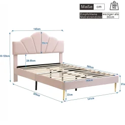 Okwish Lit double 140x200 cm, Lit capitonné en velours avec tête de lit coquillage et pieds dorés - Sans Matelas, Rose Outlet
