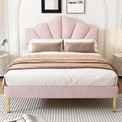 Okwish Lit double 140x200 cm, Lit capitonné en velours avec tête de lit coquillage et pieds dorés - Sans Matelas, Rose Outlet