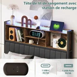 Fortuna lai Lit Double 160x200 Cm, Lit Capitonné Avec LED Et Prises USB, Pu Tête De Lit Avec Rangement, Noir