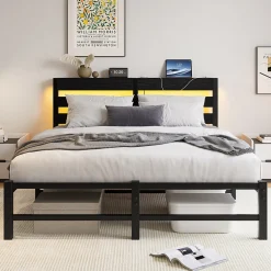 Okwish Lit Double 140x190 cm, Lit Métal Ado avec Éclairage LED et Prises USB, Rangement Sous le Lit, Sans Matelas, Métal et Bois, Noir