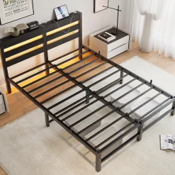 Okwish Lit Double 140x190 cm, Lit Métal Ado avec Éclairage LED et Prises USB, Rangement Sous le Lit, Sans Matelas, Métal et Bois, Noir