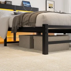 Okwish Lit Double 140x190 cm, Lit Métal Ado avec Éclairage LED et Prises USB, Rangement Sous le Lit, Sans Matelas, Métal et Bois, Noir