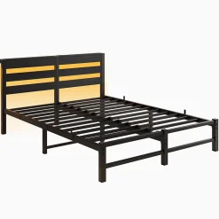 Okwish Lit Double 140x190 cm, Lit Métal Ado avec Éclairage LED et Prises USB, Rangement Sous le Lit, Sans Matelas, Métal et Bois, Noir